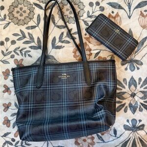 Coach Black Plaid Leather Tote with Matching Wallet